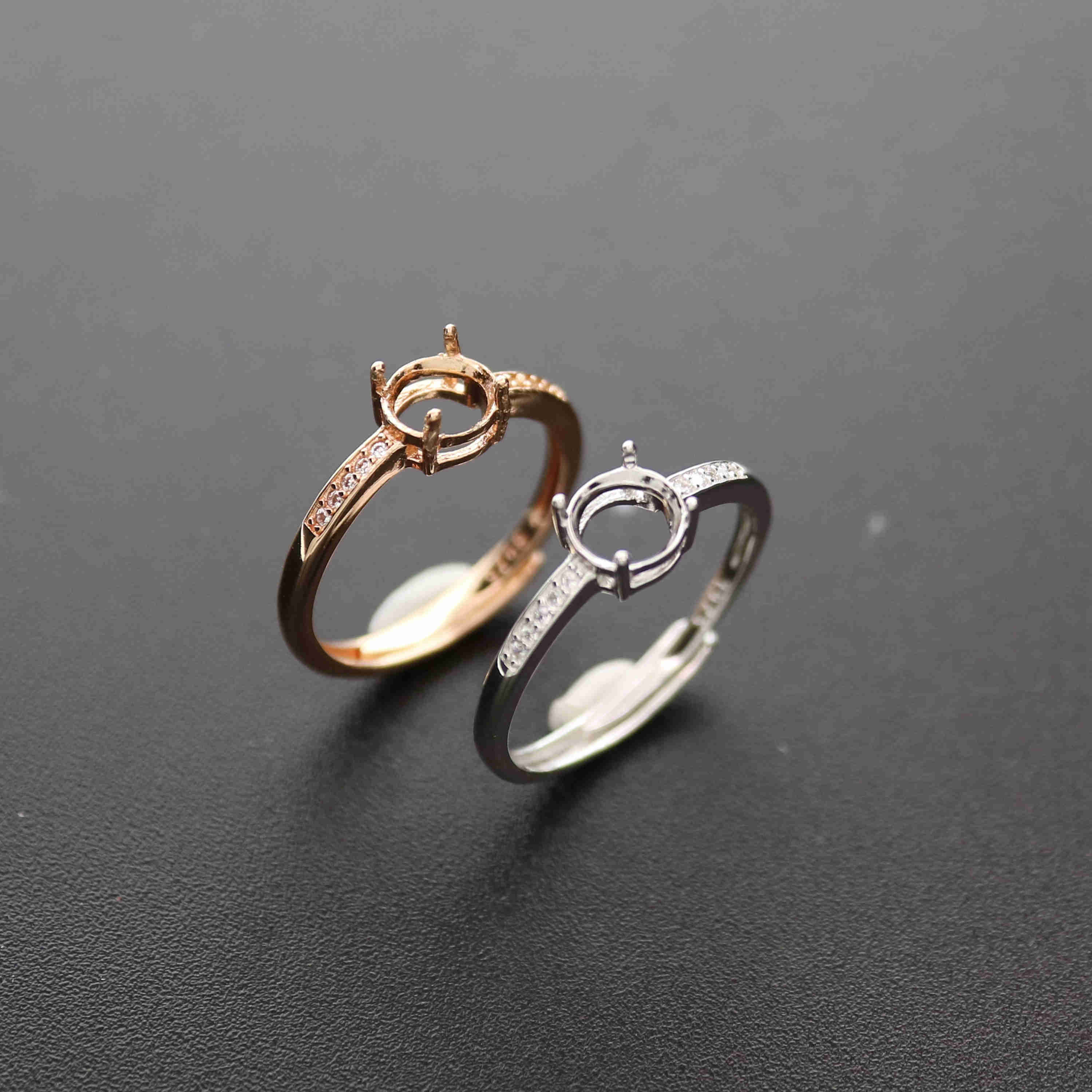 1Pcs 4-10MM Round Simple Rose Gold Silver Gems Cz Stone Prong Bezel Solid 925 Sterling Silver Adjustable Ring Settings 1210033 - Click Image to Close